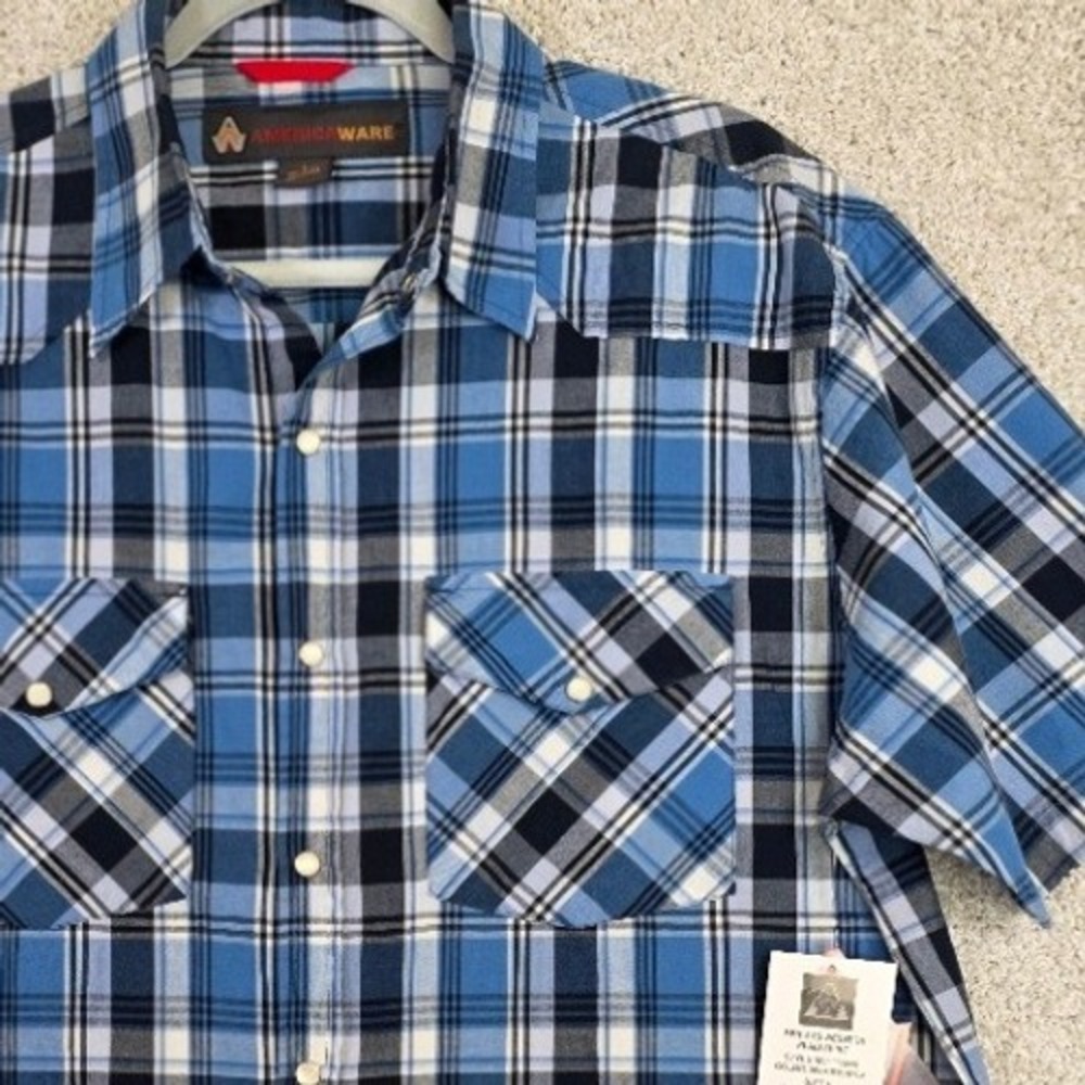 Americaware Deadstock Western Pearl Snap Shirt Mens L Blue Plaid‎ Cowboy Country